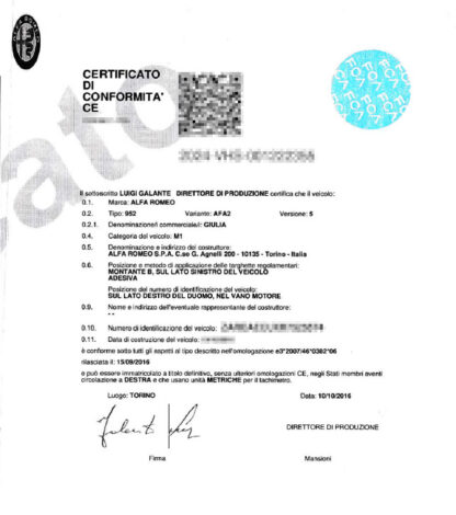 Certificado de Conformidade Alfa Romeo